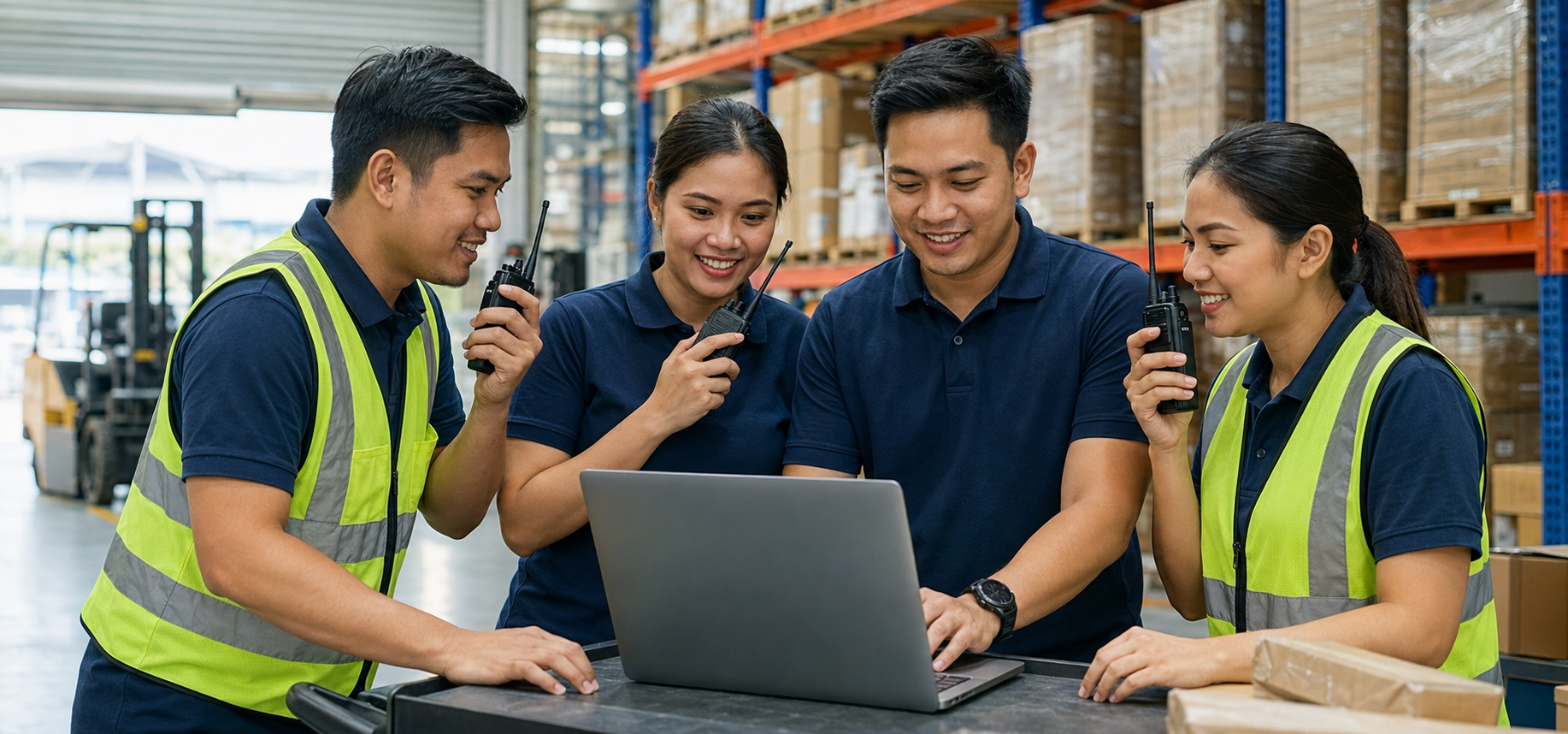 Professional operations team communicating with handheld radios